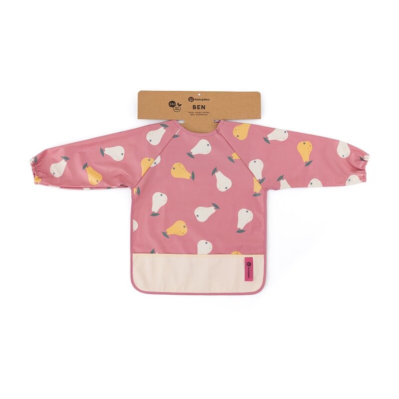 Baveta impermeabila, Petite&Mars, Cu maneci lungi, Usor de curatat, inchidere prin velcro, Dimensiune 38x42 cm, 24 luni+, Pink Pears - gogobaby.ro
