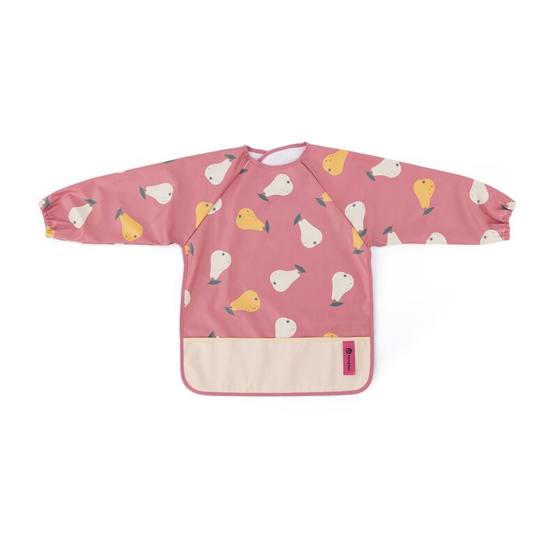 Baveta impermeabila, Petite&Mars, Cu maneci lungi, Usor de curatat, inchidere prin velcro, Dimensiune 38x42 cm, 24 luni+, Pink Pears - gogobaby.ro