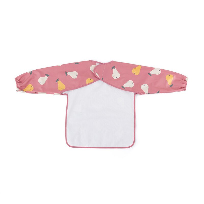 Baveta impermeabila, Petite&Mars, Cu maneci lungi, Usor de curatat, inchidere prin velcro, Dimensiune 38x42 cm, 24 luni+, Pink Pears - gogobaby.ro
