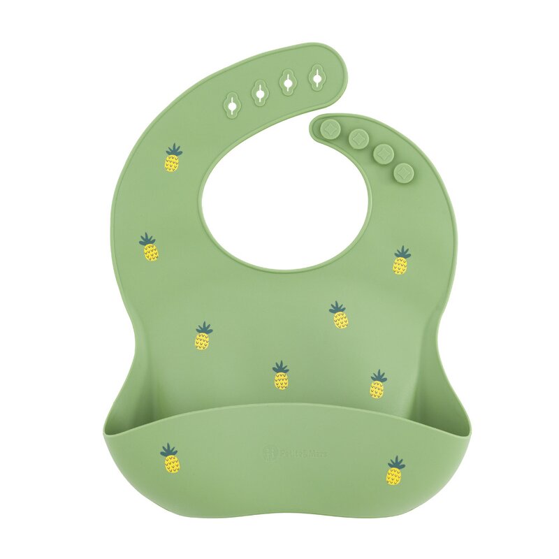 Baveta moale, Petite&Mars, Take&Match, Reglabila, Cu buzunar colector, Silicon, Fara BPA, 6 luni+, Model ananas, Verde