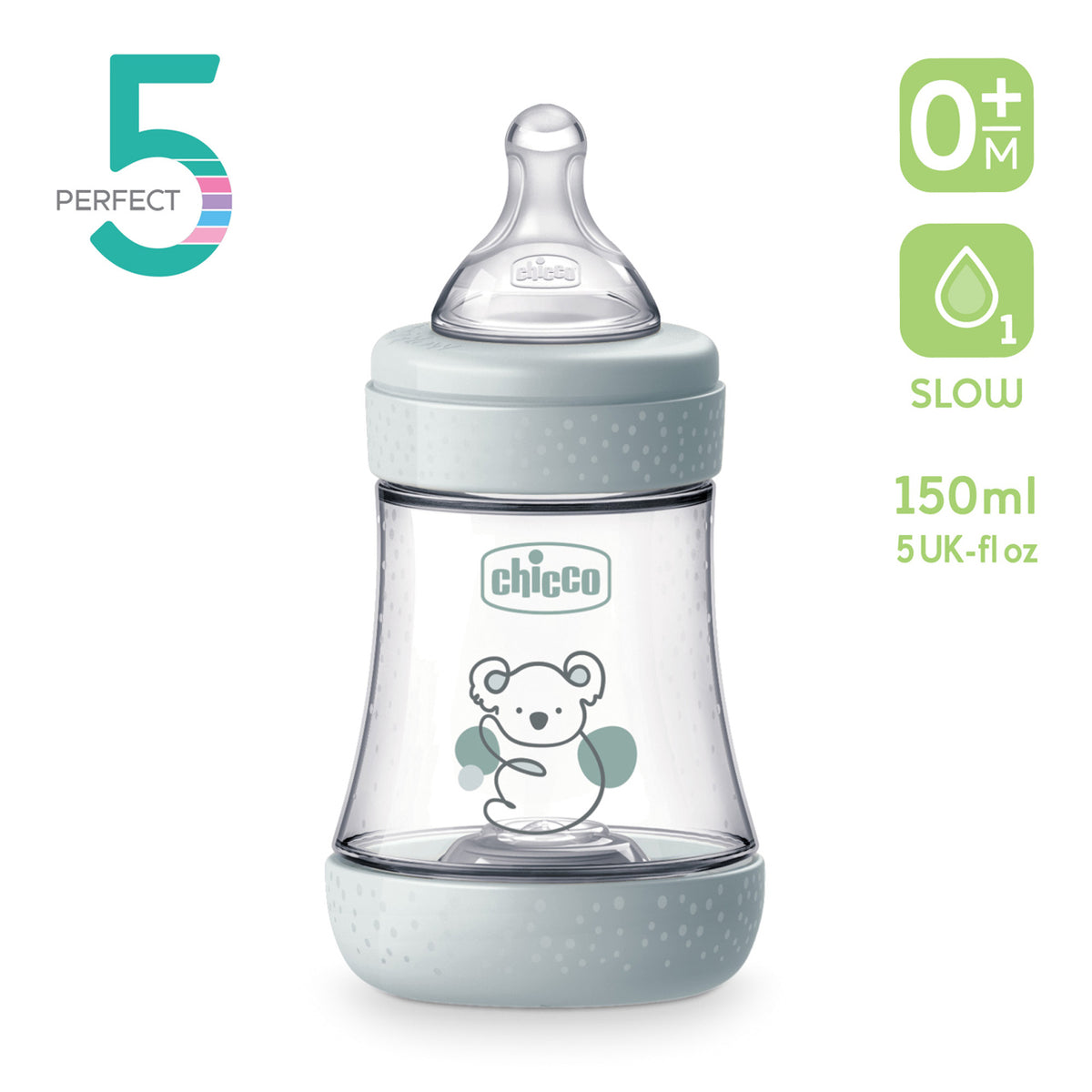 Biberon Chicco Perfect5 150ml, biofunctional, anti-colici, tetina silicon, flux lent, unisex, 0luni