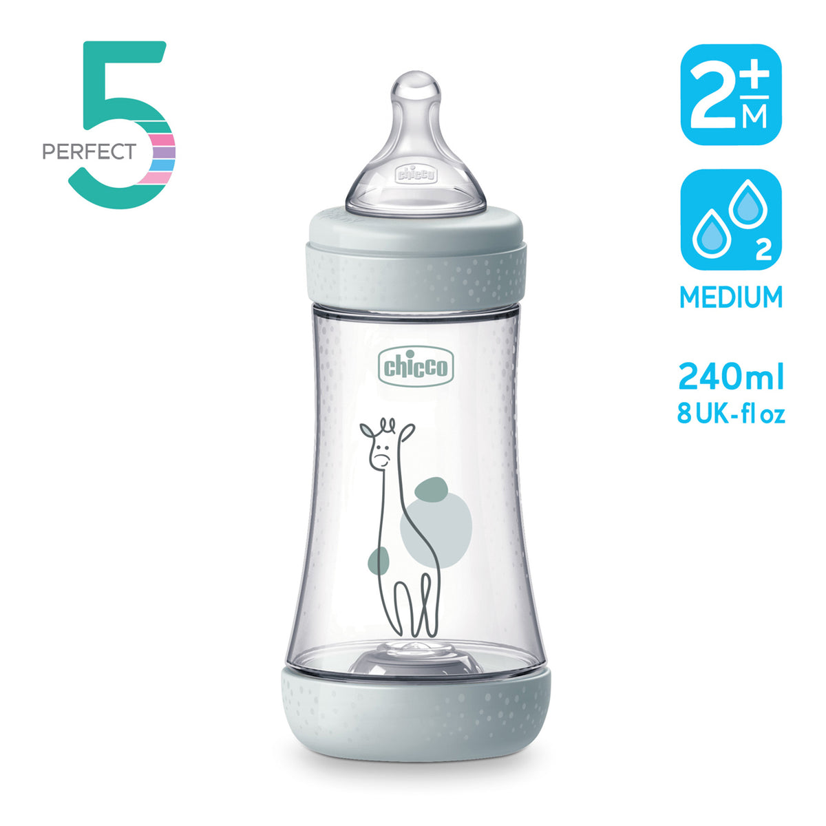Biberon Chicco Perfect5 240ml, biofunctional, anti-colici, tetina silicon, flux mediu, unisex, 2luni
