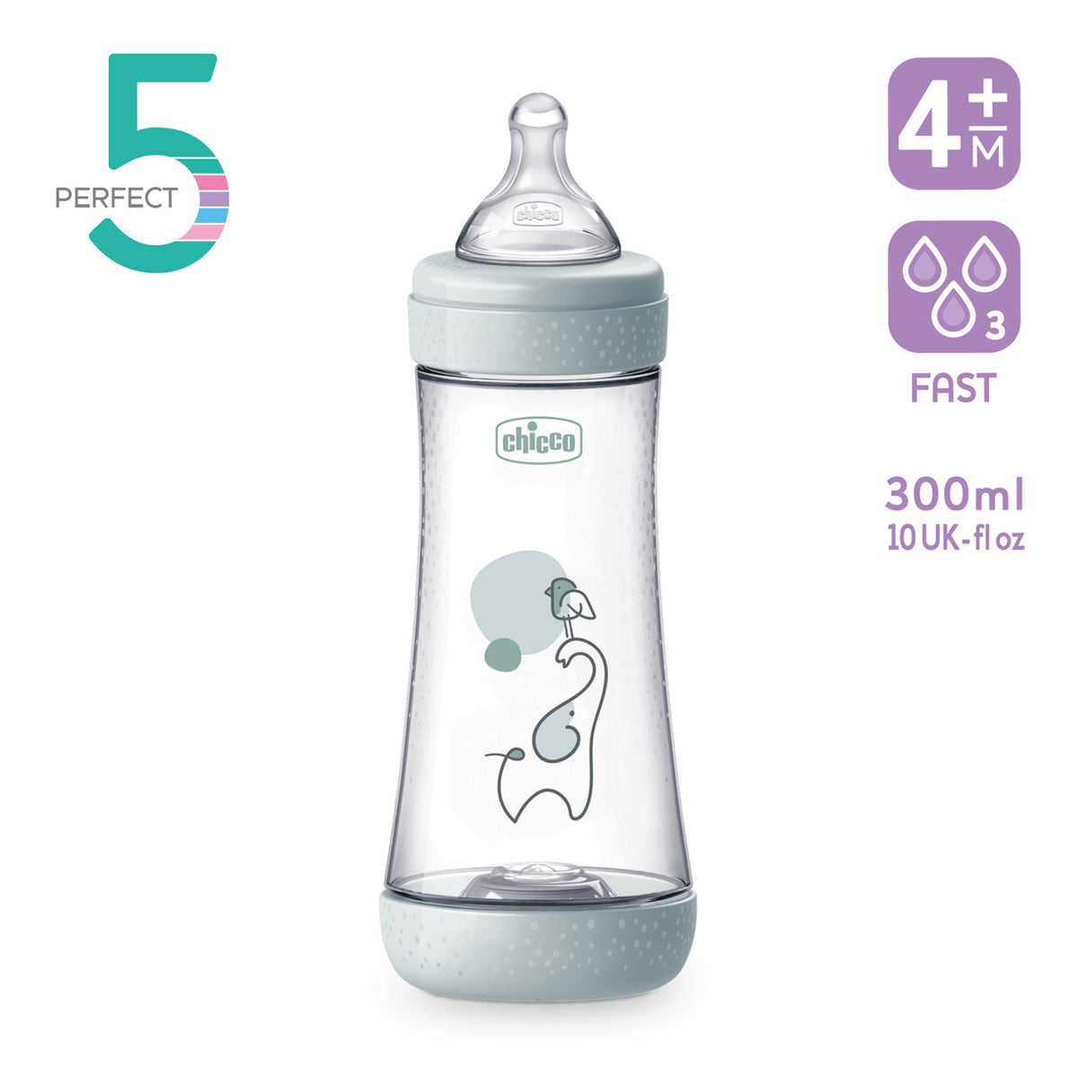 Biberon Chicco Perfect5 300ml, biofunctional, anti-colici, tetina silicon, flux rapid, baiat, 4luni