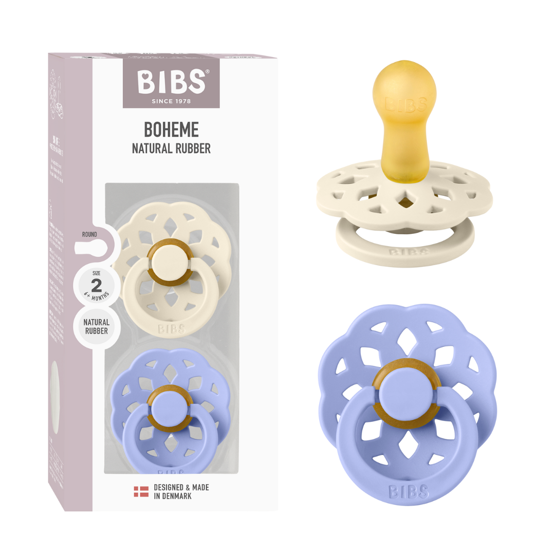 BIBS - Set 2 suzete Boheme Latex, tetina rotunda, 6 luni +-Ivory/Hush - gogobaby.ro