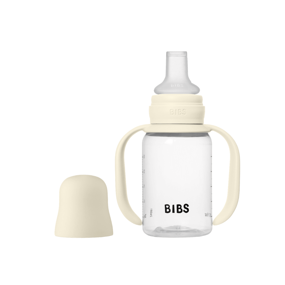 BIBS - Set biberon tip Sippy Cup PP 150 ml cu cioc din silicon și sistem antipicurare, Ivory - gogobaby.ro