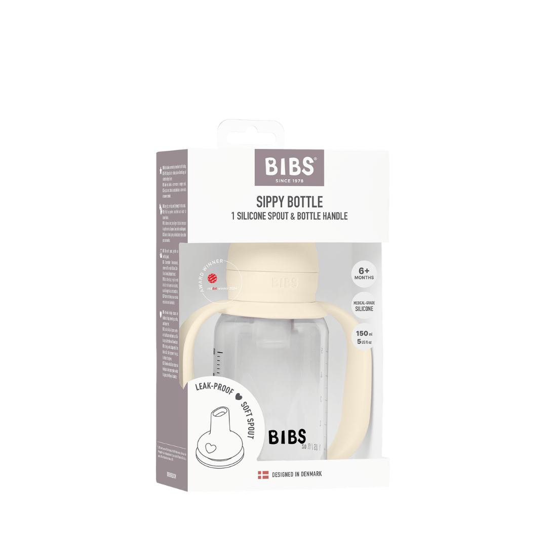 BIBS - Set biberon tip Sippy Cup PP 150 ml cu cioc din silicon și sistem antipicurare, Ivory - gogobaby.ro