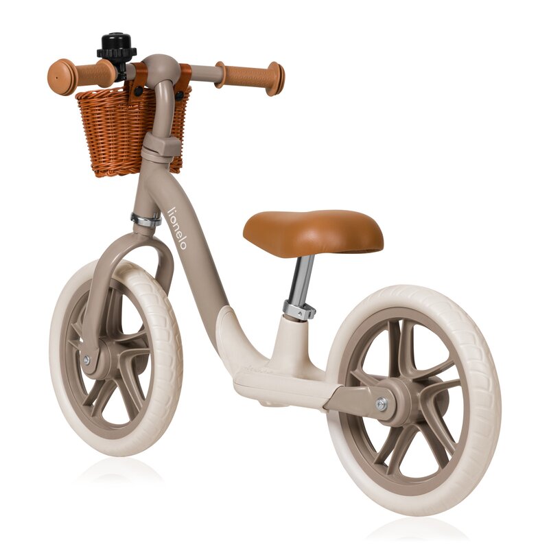 Bicicleta fara pedale, Lionelo, Alex Plus, Usoara, Cu ghidon si sa reglabile, Include cos depozitare si sonerie, Din otel, Cu roti din spuma EVA, 12 inch, Beige Sand