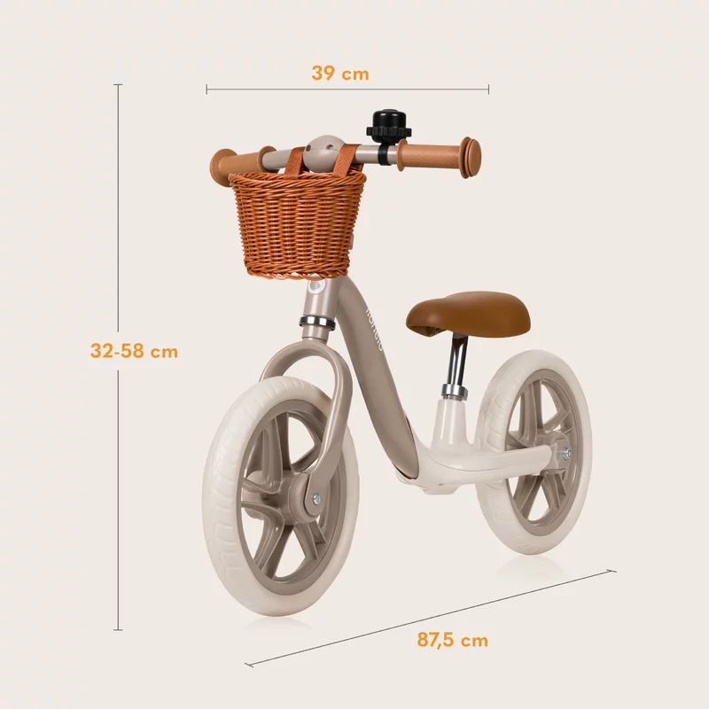 Bicicleta fara pedale, Lionelo, Alex Plus, Usoara, Cu ghidon si sa reglabile, Include cos depozitare si sonerie, Din otel, Cu roti din spuma EVA, 12 inch, Beige Sand
