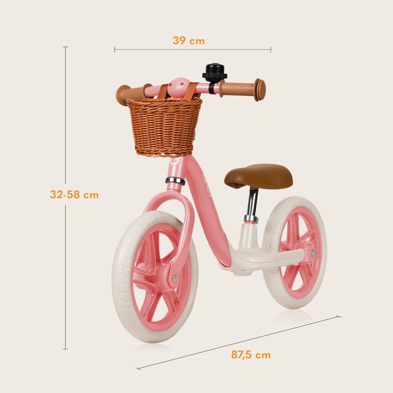 Bicicleta fara pedale, Lionelo, Alex Plus, Usoara, Cu ghidon si sa reglabile, Include cos depozitare si sonerie, Din otel, Cu roti din spuma EVA, 12 inch, Pink Rose - gogobaby.ro