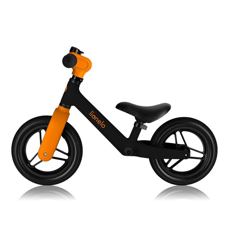 Bicicleta fara pedale, Lionelo, Toni, Cu ghidon si sa reglabile, Ultra usoara, 2.8 Kg, 18 luni+, Sustine 30 kg, Conform cu standardul EN71-1/2/3, Certificata TUV SUD, Portocaliu - gogobaby.ro