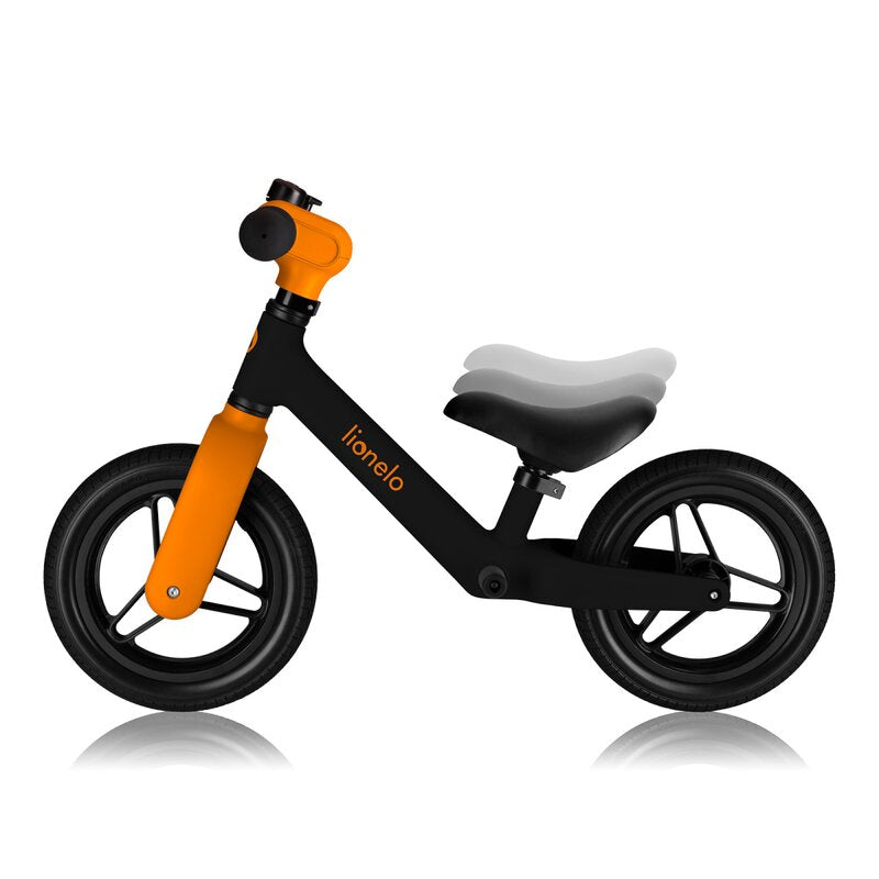 Bicicleta fara pedale, Lionelo, Toni, Cu ghidon si sa reglabile, Ultra usoara, 2.8 Kg, 18 luni+, Sustine 30 kg, Conform cu standardul EN71-1/2/3, Certificata TUV SUD, Portocaliu - gogobaby.ro
