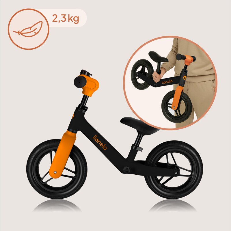 Bicicleta fara pedale, Lionelo, Toni, Cu ghidon si sa reglabile, Ultra usoara, 2.8 Kg, 18 luni+, Sustine 30 kg, Conform cu standardul EN71-1/2/3, Certificata TUV SUD, Portocaliu - gogobaby.ro