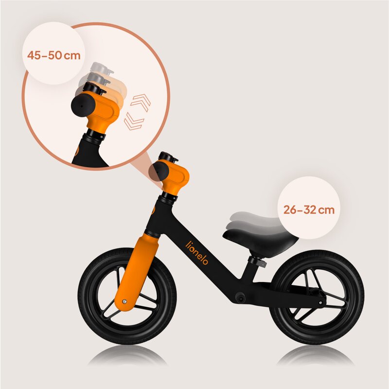 Bicicleta fara pedale, Lionelo, Toni, Cu ghidon si sa reglabile, Ultra usoara, 2.8 Kg, 18 luni+, Sustine 30 kg, Conform cu standardul EN71-1/2/3, Certificata TUV SUD, Portocaliu - gogobaby.ro