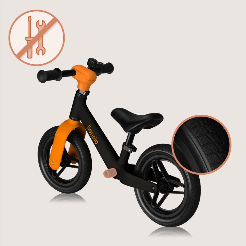 Bicicleta fara pedale, Lionelo, Toni, Cu ghidon si sa reglabile, Ultra usoara, 2.8 Kg, 18 luni+, Sustine 30 kg, Conform cu standardul EN71-1/2/3, Certificata TUV SUD, Portocaliu - gogobaby.ro