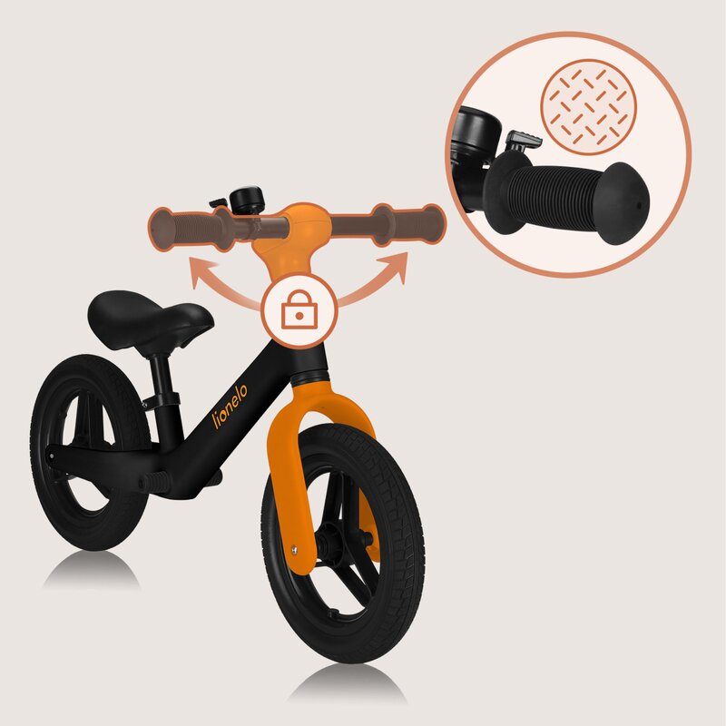 Bicicleta fara pedale, Lionelo, Toni, Cu ghidon si sa reglabile, Ultra usoara, 2.8 Kg, 18 luni+, Sustine 30 kg, Conform cu standardul EN71-1/2/3, Certificata TUV SUD, Portocaliu - gogobaby.ro
