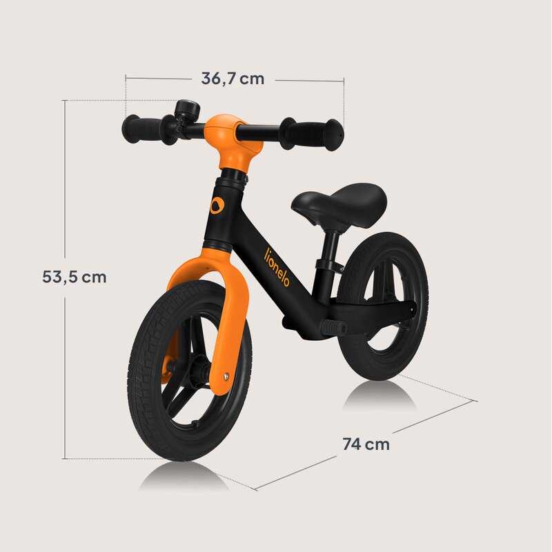 Bicicleta fara pedale, Lionelo, Toni, Cu ghidon si sa reglabile, Ultra usoara, 2.8 Kg, 18 luni+, Sustine 30 kg, Conform cu standardul EN71-1/2/3, Certificata TUV SUD, Portocaliu - gogobaby.ro