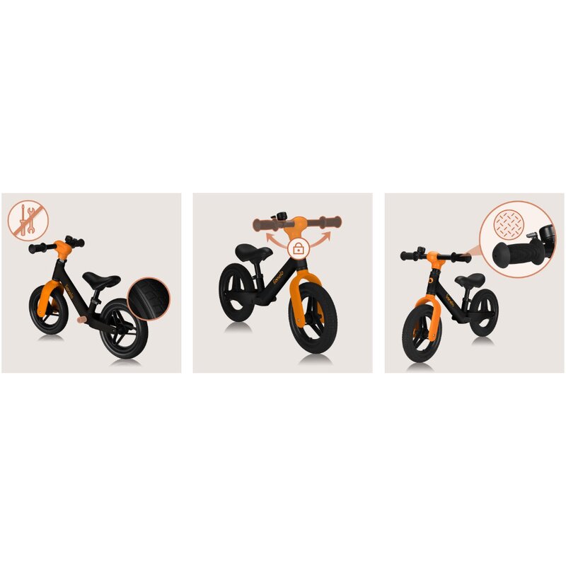 Bicicleta fara pedale, Lionelo, Toni, Cu ghidon si sa reglabile, Ultra usoara, 2.8 Kg, 18 luni+, Sustine 30 kg, Conform cu standardul EN71-1/2/3, Certificata TUV SUD, Portocaliu - gogobaby.ro