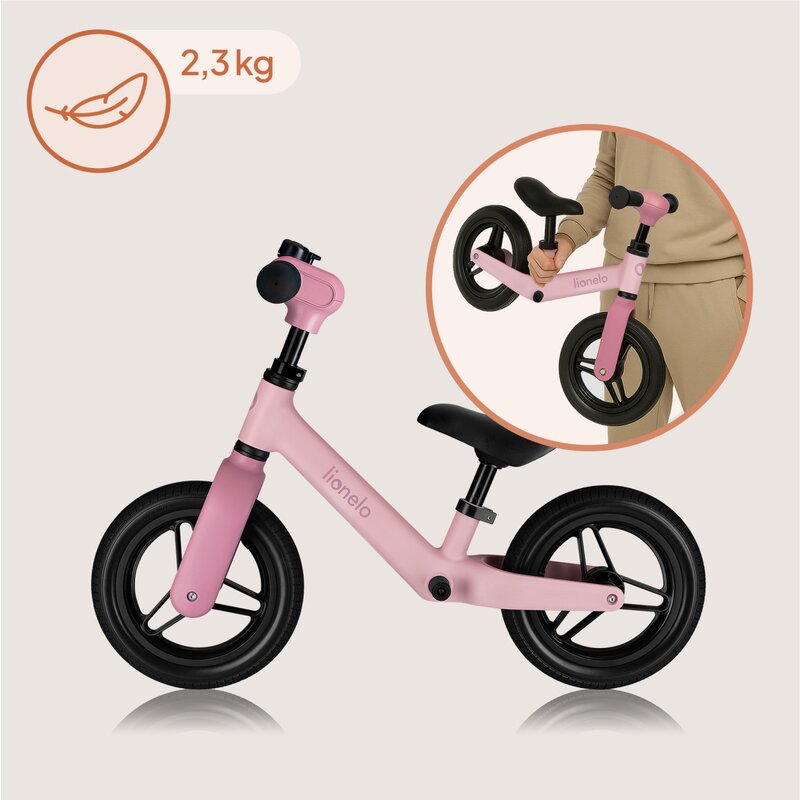 Bicicleta fara pedale, Lionelo, Toni, Cu ghidon si sa reglabile, Ultra usoara, 2.8 Kg, 18 luni+, Sustine 30 kg, Conform cu standardul EN71-1/2/3, Certificata TUV SUD, Roz - gogobaby.ro