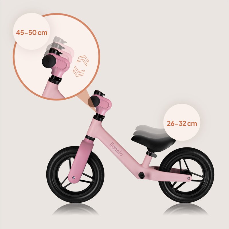 Bicicleta fara pedale, Lionelo, Toni, Cu ghidon si sa reglabile, Ultra usoara, 2.8 Kg, 18 luni+, Sustine 30 kg, Conform cu standardul EN71-1/2/3, Certificata TUV SUD, Roz - gogobaby.ro