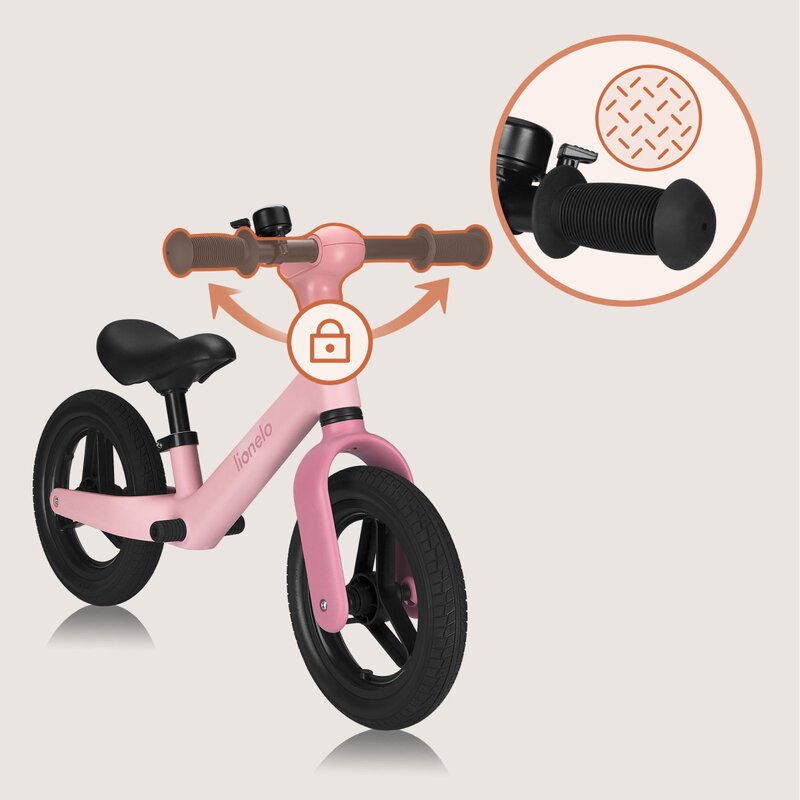 Bicicleta fara pedale, Lionelo, Toni, Cu ghidon si sa reglabile, Ultra usoara, 2.8 Kg, 18 luni+, Sustine 30 kg, Conform cu standardul EN71-1/2/3, Certificata TUV SUD, Roz - gogobaby.ro
