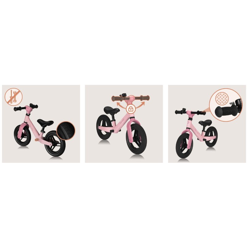 Bicicleta fara pedale, Lionelo, Toni, Cu ghidon si sa reglabile, Ultra usoara, 2.8 Kg, 18 luni+, Sustine 30 kg, Conform cu standardul EN71-1/2/3, Certificata TUV SUD, Roz