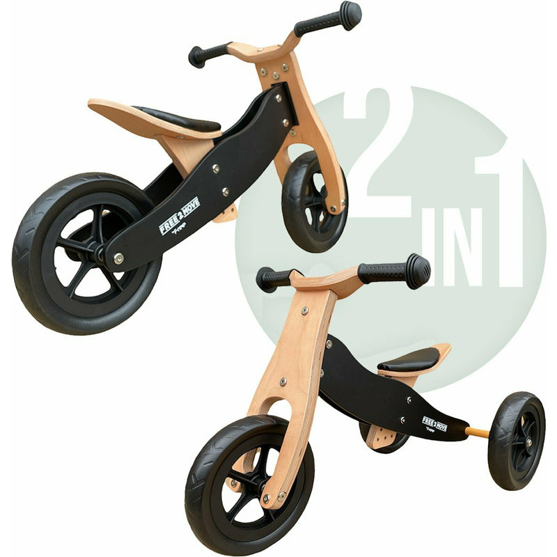 Bicicleta/tricicleta fara pedale, Free2Move, Din lemn, 2 in 1, Functie de bicicleta echilibru, Sa reglabila, Manere antiderapante, Roti ajustabile, 18 luni - 3 ani, Conform cu standardele europene EN71-1;2018, EN71-2:2020, EN71-3:2021, Brown Black - gogobaby.ro