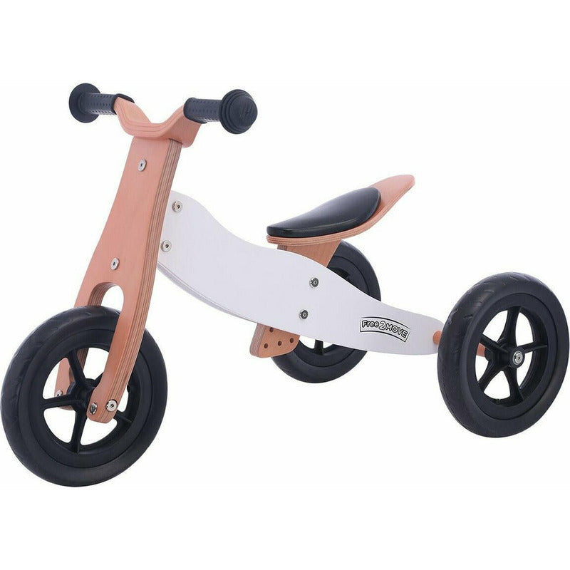 Bicicleta/tricicleta fara pedale, Free2Move, Din lemn, 2 in 1, Functie de bicicleta echilibru, Sa reglabila, Manere antiderapante, Roti ajustabile, 18 luni - 3 ani, Conform cu standardele europene EN71-1;2018, EN71-2:2020, EN71-3:2021, Brown White - gogobaby.ro