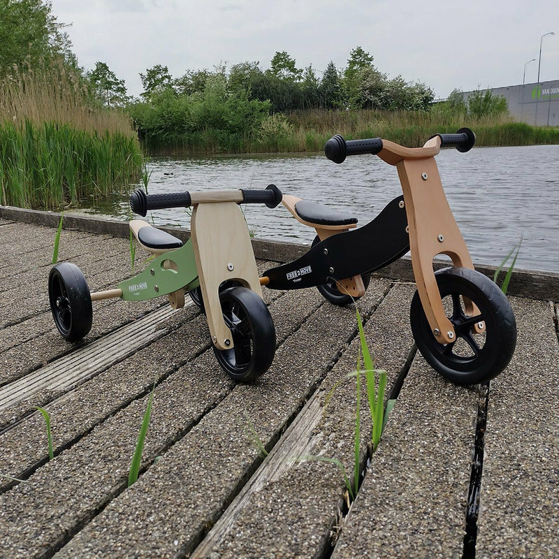 Bicicleta/tricicleta fara pedale, Free2Move, Din lemn, 2 in 1, Functie de bicicleta echilibru, Sa reglabila, Manere antiderapante, Roti ajustabile, 18 luni - 3 ani, Conform cu standardele europene EN71-1;2018, EN71-2:2020, EN71-3:2021, Brown White - gogobaby.ro
