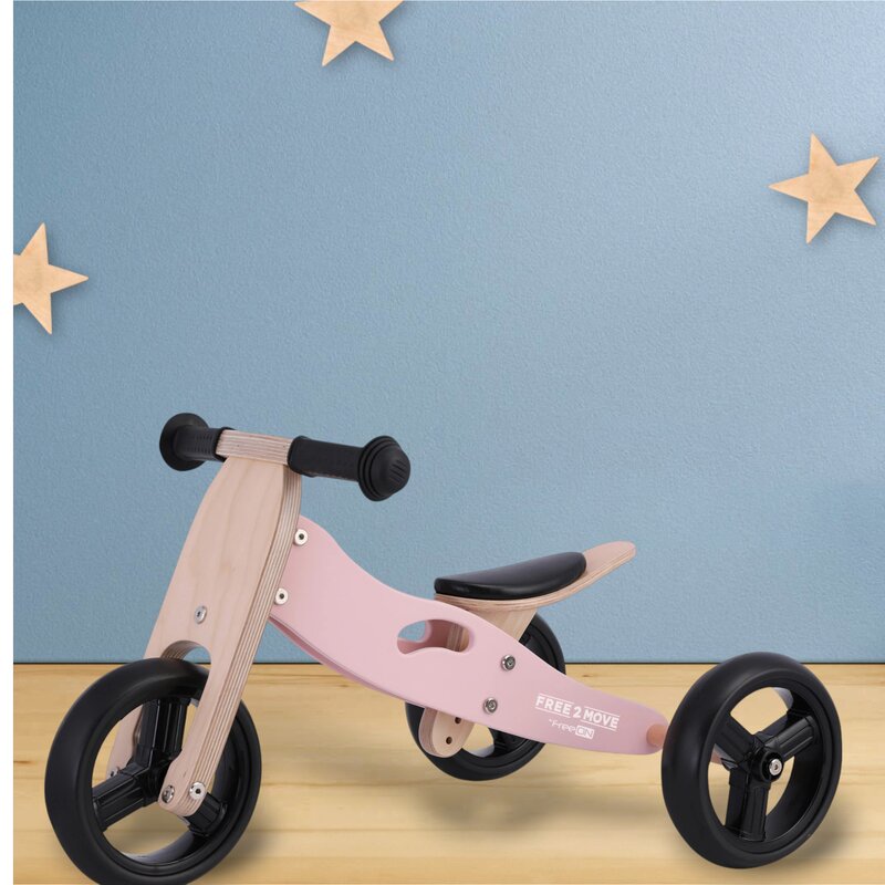 Bicicleta/tricicleta fara pedale, Free2Move, Din lemn, 2 in 1, Functie de bicicleta echilibru, Scaun reglabil, Roti ajustabile, Manere antiderapante, Varsta 1-3 ani, Conform cu standardele europene EN71-1;2018, EN71-2:2020, EN71-3:2021, Dusty Pink