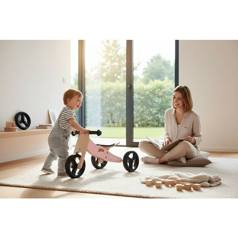 Bicicleta/tricicleta fara pedale, Free2Move, Din lemn, 2 in 1, Functie de bicicleta echilibru, Scaun reglabil, Roti ajustabile, Manere antiderapante, Varsta 1-3 ani, Conform cu standardele europene EN71-1;2018, EN71-2:2020, EN71-3:2021, Dusty Pink