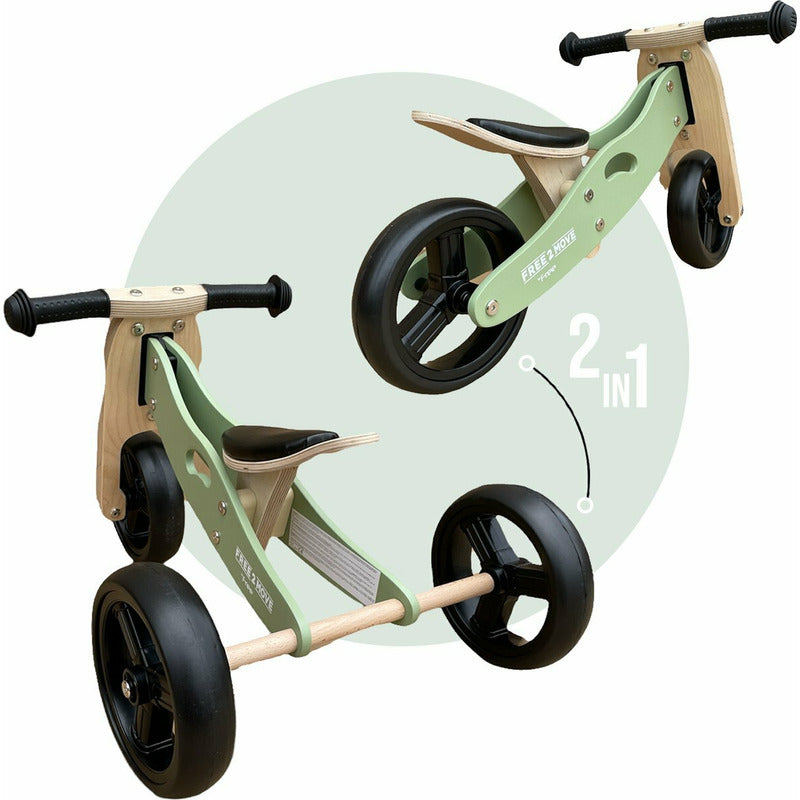 Bicicleta/tricicleta fara pedale, Free2Move, Din lemn, 2 in 1, Functie de bicicleta echilibru, Scaun reglabil, Roti ajustabile, Manere antiderapante, Varsta 1-3 ani, Conform cu standardele europene EN71-1;2018, EN71-2:2020, EN71-3:2021, Mint