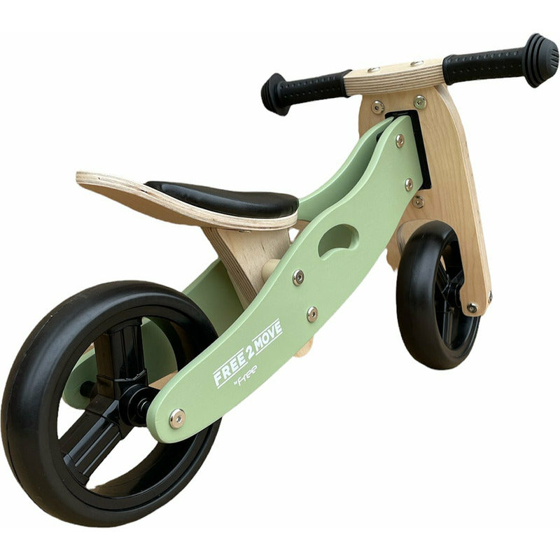 Bicicleta/tricicleta fara pedale, Free2Move, Din lemn, 2 in 1, Functie de bicicleta echilibru, Scaun reglabil, Roti ajustabile, Manere antiderapante, Varsta 1-3 ani, Conform cu standardele europene EN71-1;2018, EN71-2:2020, EN71-3:2021, Mint