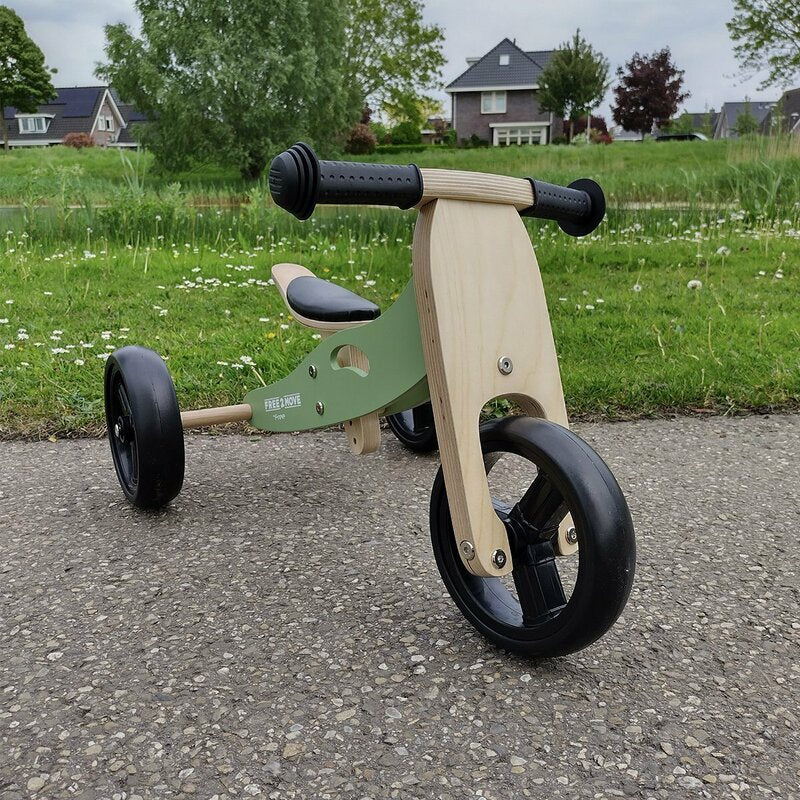 Bicicleta/tricicleta fara pedale, Free2Move, Din lemn, 2 in 1, Functie de bicicleta echilibru, Scaun reglabil, Roti ajustabile, Manere antiderapante, Varsta 1-3 ani, Conform cu standardele europene EN71-1;2018, EN71-2:2020, EN71-3:2021, Mint