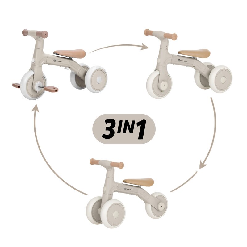 Bicicleta/tricicleta, Petite&Mars, 3 in 1, Multifunctionala, Cu/fara pedale, Ghidon directionabil, Sa reglabila pe inaltime, 2.3 kg, Pana la 25 kg, 12-36 luni, Bej