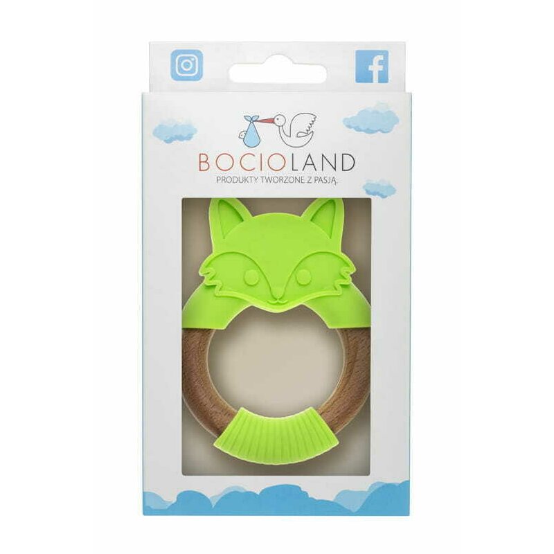 Jucarie de dentitie, Bocioland, Din silicon si lemn, Usor de prins, Bpa Free, Vulpe, Verde - gogobaby.ro