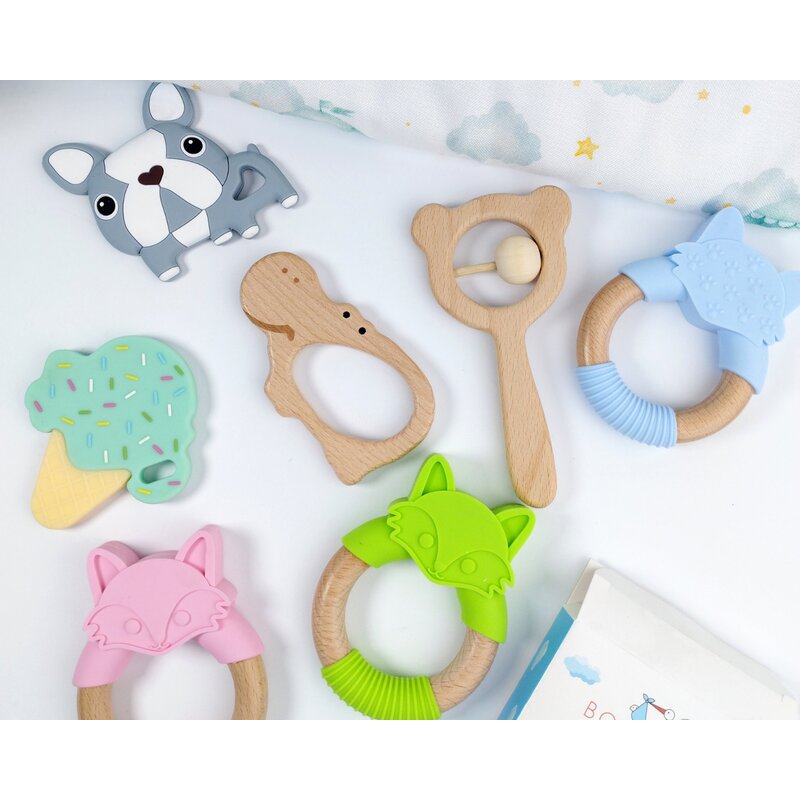 Jucarie de dentitie, Bocioland, Din silicon si lemn, Usor de prins, Bpa Free, Vulpe, Verde - gogobaby.ro