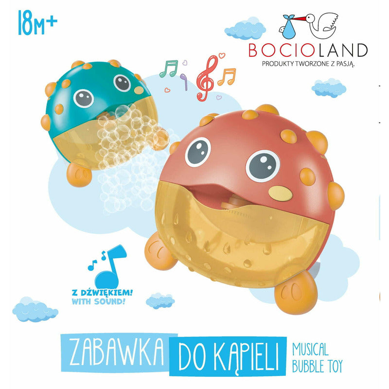 Jucarie Interactiva de baie, Bocioland, Peste cu difuzor pentru baloane de spuma si muzica, Fixare cu Ventuze, Rosu, 20x20 cm