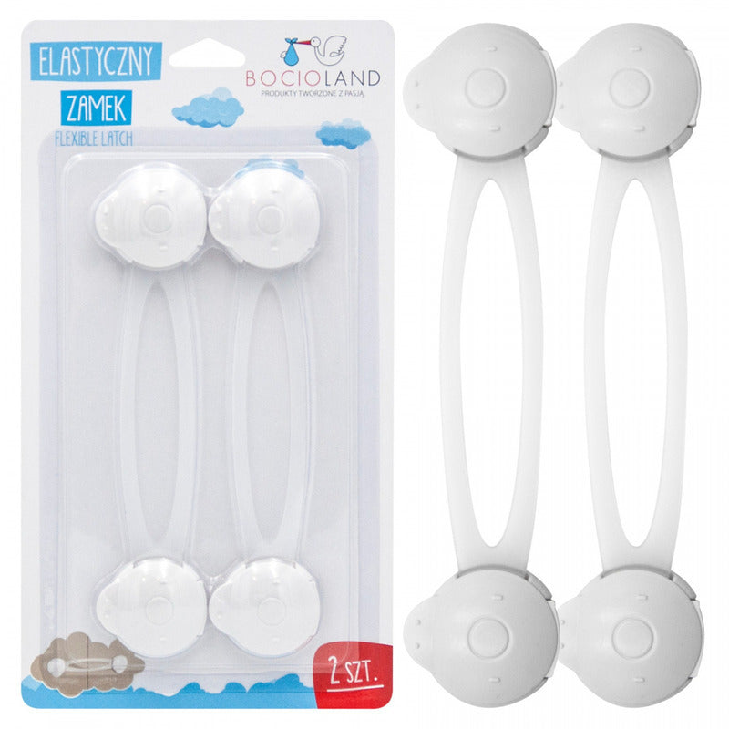 Set 2 sisteme de siguranta, Bocioland, Multifunctionale, Flexibile, Pentru sertare, Dulapuri, Frigider, Alb