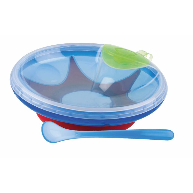 Bol, Nuby, Cu ventuza, rezervor si lingura, Pentru a mentine alimentele calde, Sigur pentru masina de spalat vase si microunde, 400 ml, 3 luni+, Blue - gogobaby.ro
