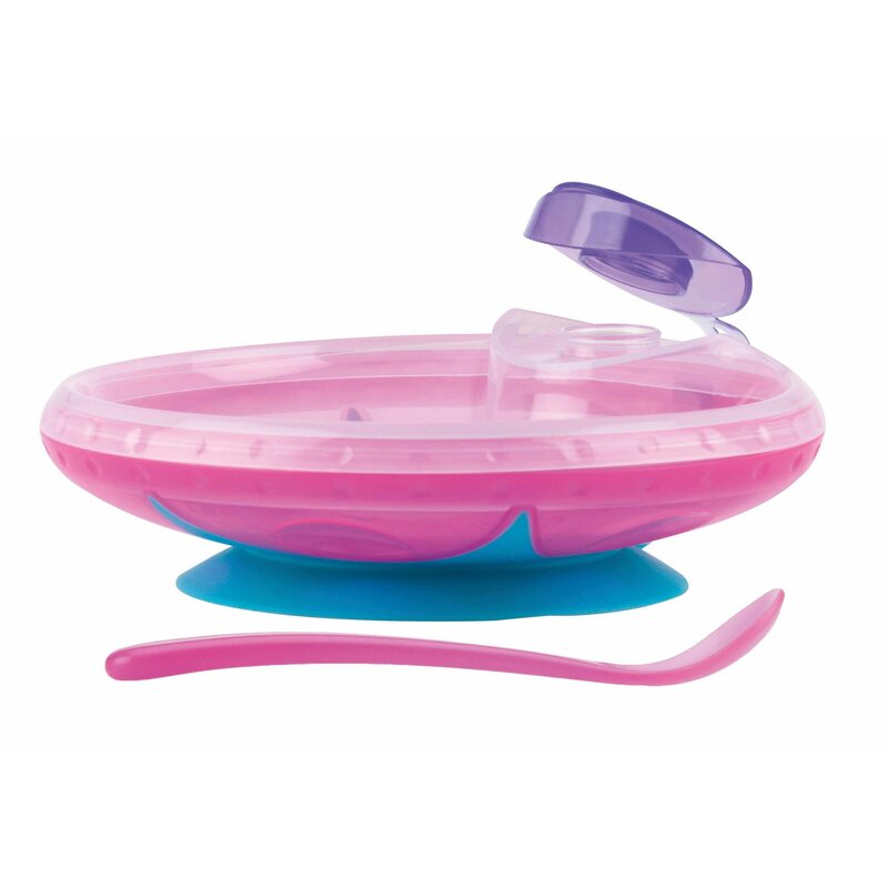 Bol, Nuby, Cu ventuza, rezervor si lingura, Pentru a mentine alimentele calde, Sigur pentru masina de spalat vase si microunde, 400 ml, 3 luni+, Pink - gogobaby.ro