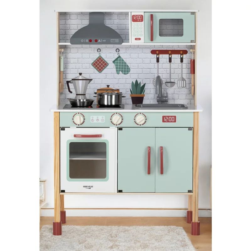 Bucatarie copii lemn, Free2Play, Mini Chef, Cu efecte de sunet si lumina, Cu accesorii, 70 x 30 x 104 cm, Conform cu standardele europene EN71-1;2018, EN71-2:2020, EN71-3:2021 - gogobaby.ro