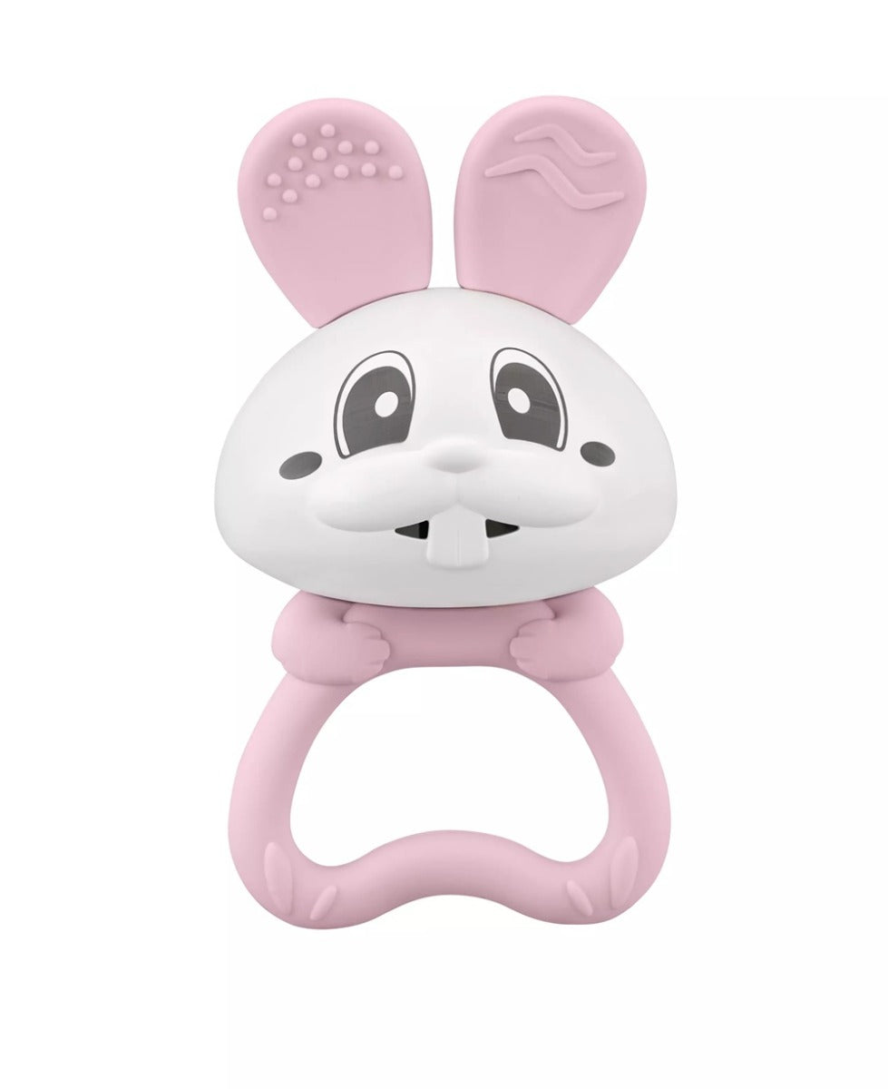 Jucarie pentru dentitie din silicon cu zornaitoare, Mombella Bunny - Pink
