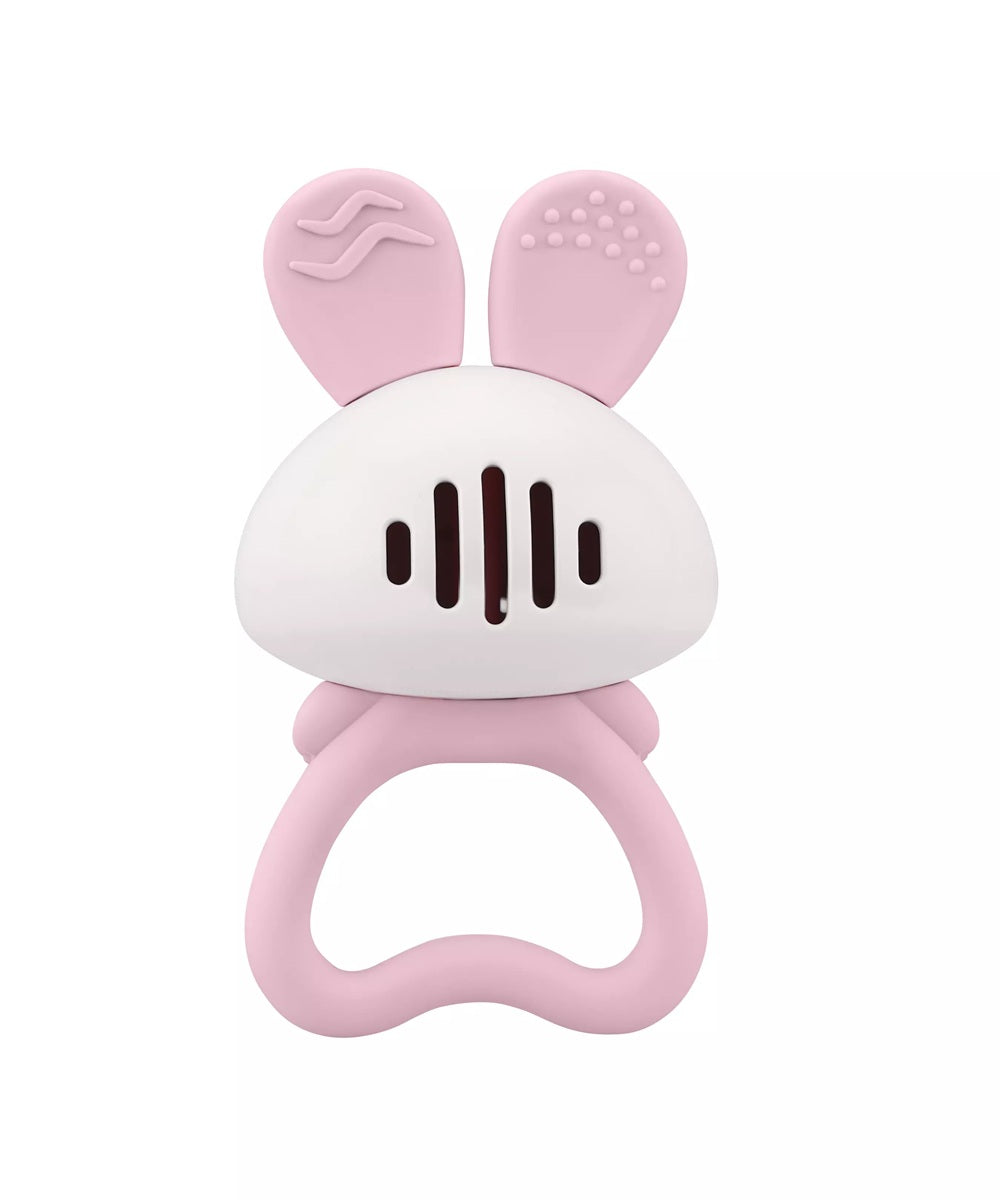 Jucarie pentru dentitie din silicon cu zornaitoare, Mombella Bunny - Pink