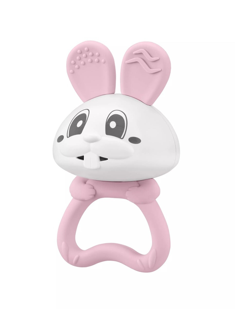 Jucarie pentru dentitie din silicon cu zornaitoare, Mombella Bunny - Pink