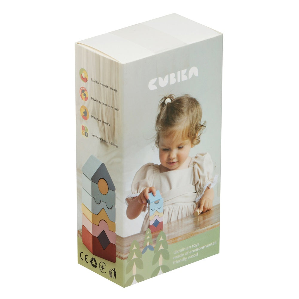 Jucarie din lemn, Cubika, Set constructii Turn 8 piese - Pastel - gogobaby.ro