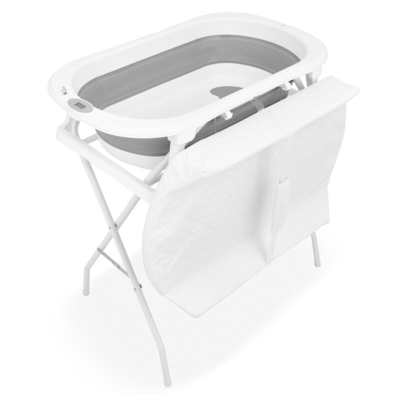Cadita de baie pliabila, Qmini, Foldy Pro Care, Cu suport metalic si masuta de infasat, Cu termometru electronic, Cu dop si furtun pentru scurgere, Antiderapanta, 80×49 cm, Alb/Gri