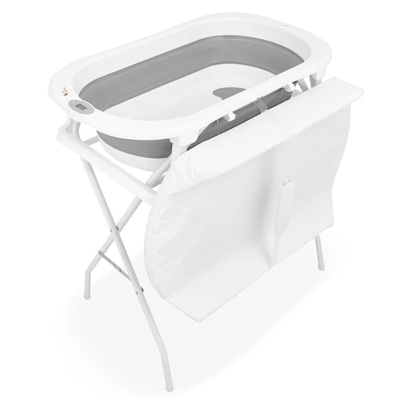 Cadita de baie pliabila, Qmini, Foldy Pro Care, Cu suport metalic si masuta de infasat, Cu termometru electronic, Cu dop si furtun pentru scurgere, Antiderapanta, 80×49 cm, Alb/Gri