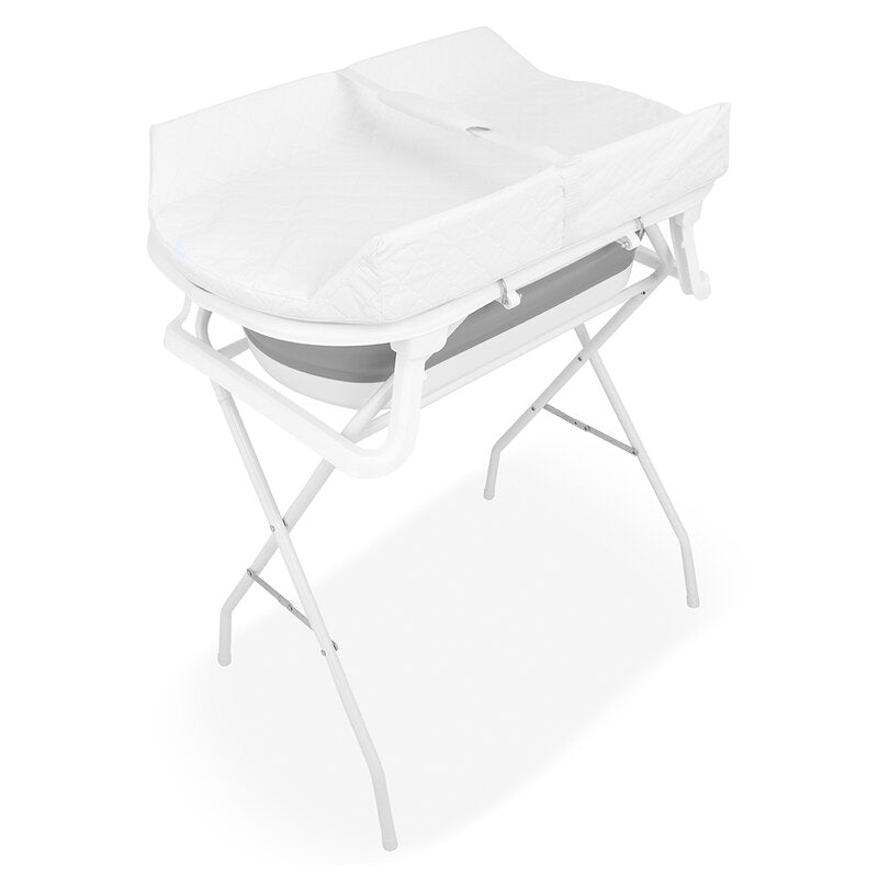 Cadita de baie pliabila, Qmini, Foldy Pro Care, Cu suport metalic si masuta de infasat, Cu termometru electronic, Cu dop si furtun pentru scurgere, Antiderapanta, 80×49 cm, Alb/Gri