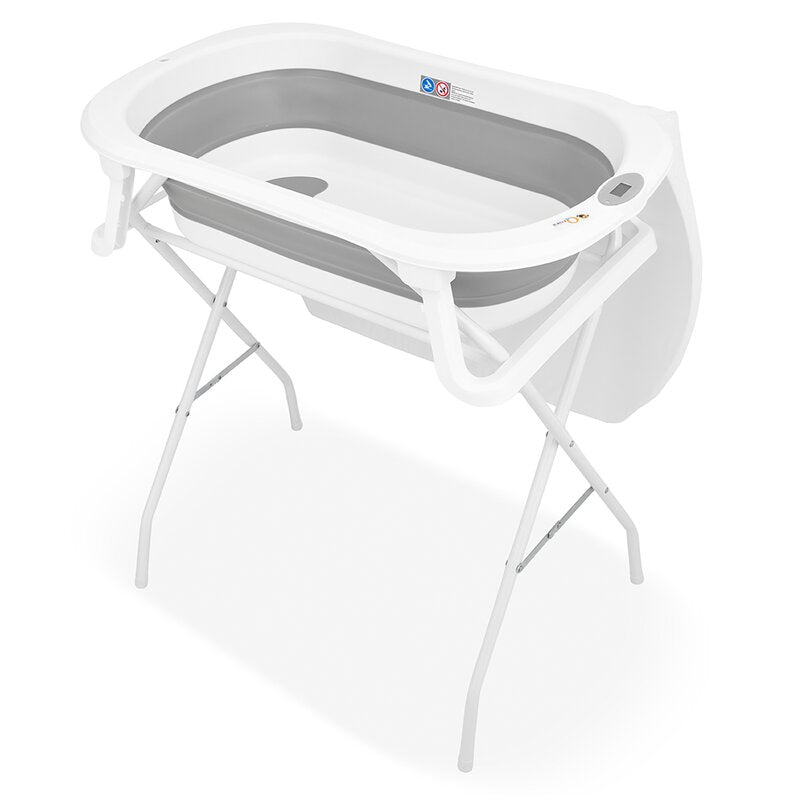 Cadita de baie pliabila, Qmini, Foldy Pro Care, Cu suport metalic si masuta de infasat, Cu termometru electronic, Cu dop si furtun pentru scurgere, Antiderapanta, 80×49 cm, Alb/Gri