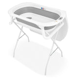 Cadita de baie pliabila, Qmini, Foldy Pro Care, Cu suport metalic si masuta de infasat, Cu termometru electronic, Cu dop si furtun pentru scurgere, Antiderapanta, 80×49 cm, Alb/Gri
